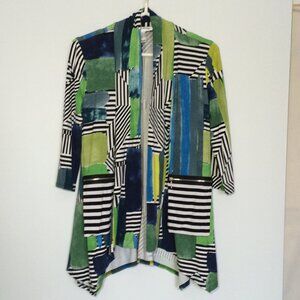 Joseph Ribkoff Cardigan Sz 6 Multicolor Geometric Print Asymmetric 3/4 Sleeve